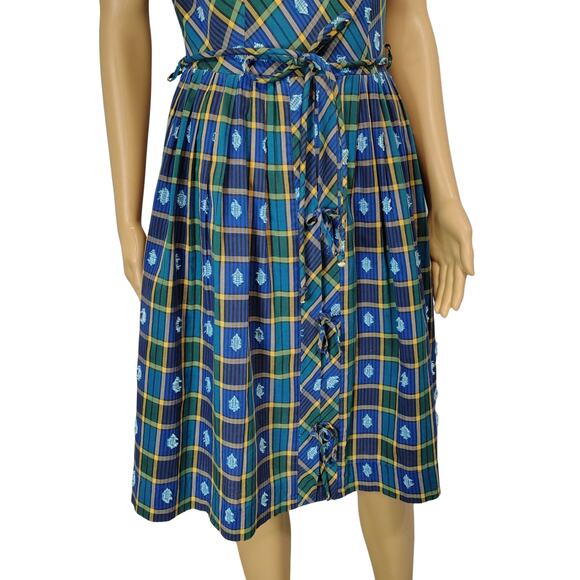 Belted Blue Green Plaid Vintage Hand Made Pleated Ribbon Tie Midi Dress Size S - Picture 6 of 8